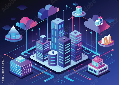 Isometric illustration of a futuristic city with interconnected buildings and floating clouds