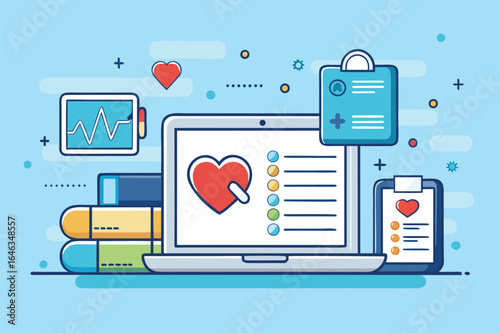 Online medical consultation and healthcare services with laptop, heart, and medical records