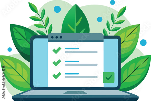 Laptop with checklist and check marks isolated on white background, vector illustration