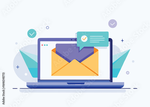Email message on laptop screen with notification and confirmation, isolated on white background