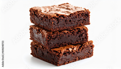 A stack of chocolate brownies on white background