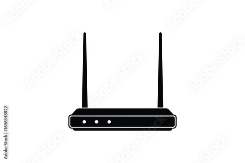 Simple black and white illustration of a wireless router with two antennas and indicator lights silhouette