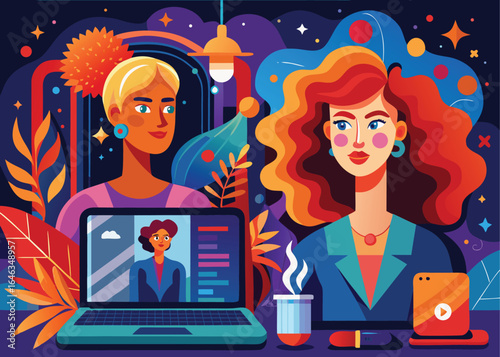 Two women in a digital video call with creative design and modern abstract illustration
