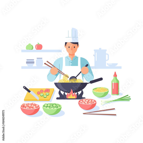 Chef expertly prepares a delicious noodle dish with fresh ingredients, showcasing culinary skill and a passion for cooking, ideal for food blogs and restaurant promotions