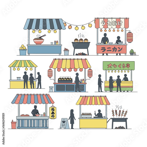 Vibrant Asian food street stalls offering delicious ramen, takoyaki and yakitori, perfect for showcasing bustling international food festivals and culinary tourism adventures