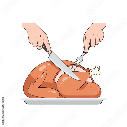 Hands carve roasted turkey with knife and fork, creating warm Thanksgiving memories, perfect for holiday recipes, family gatherings, and celebrating the festive season