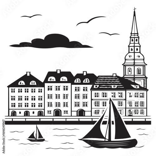 Illustration of a cityscape with buildings, boats, and a church, isolated on white background, showcasing a european town with historic architecture and a scenic waterfront in black and white