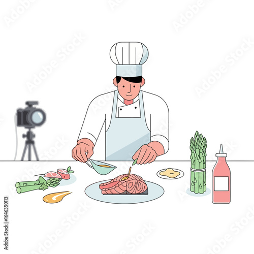 Chef preparing salmon steak with asparagus for a food blog, showcasing culinary artistry and healthy eating, perfect for cooking tutorials and online recipe content creation