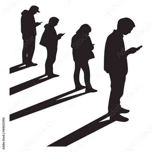 Silhouette illustration of people using mobile phones, isolated on white background, depicting modern communication, social media, and potential technology addiction in a simple design
