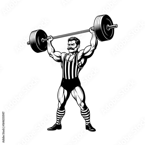 Man with mustache lifting barbell above his head in a striped suit and shoes illustration art