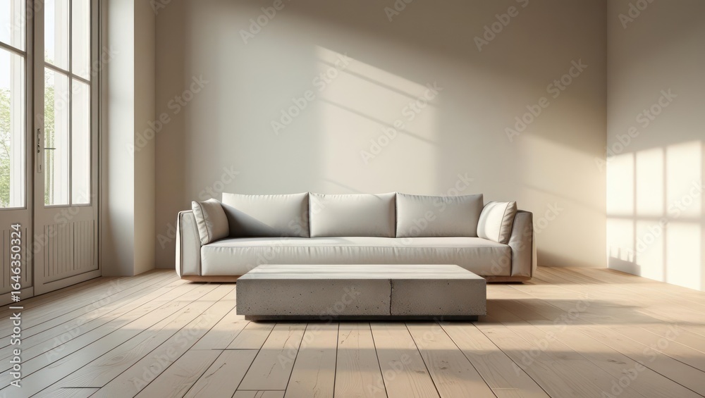Fototapeta premium Light-filled living room interior with a modern sofa and concrete coffee table.