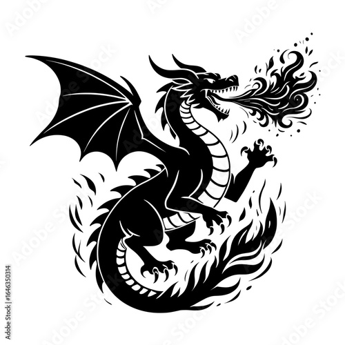 Illustration of a winged dragon breathing flames with intricate details and sharp claws and scales design