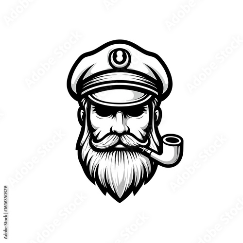 Illustration of a stern faced captain with a pipe and hat in a monochrome aesthetic design style