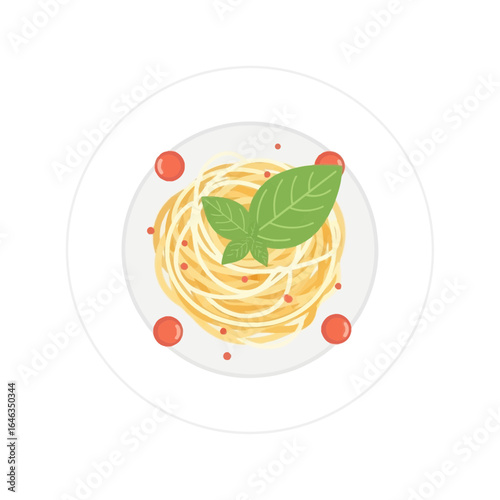 Delicious pasta dish with fresh basil and vibrant tomatoes, perfect for a blog post or restaurant menu, a tasty and appealing food illustration ready to enhance your project