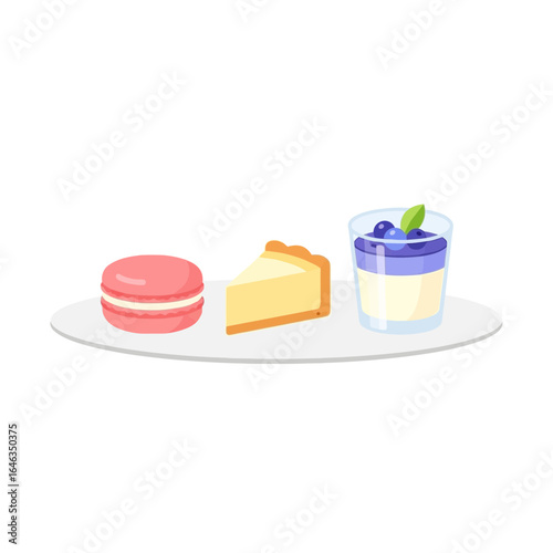 Indulge in the Deliciousness: A Delightful Plate of Dessert Featuring a Pink Macaron, Cheesecake Slice, and Blueberry Parfait, Perfect for Food Blogs and Sweet Treat Promotions