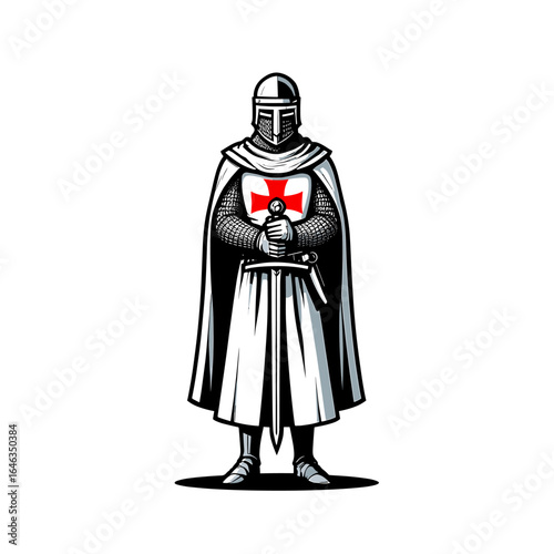 A templar knight standing with a sword and a red cross emblem, wearing a helmet and chainmail armor