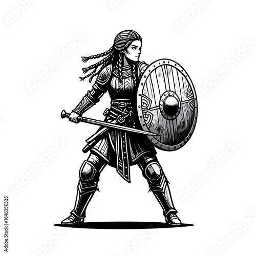 Valkyrie warrior with braids holding sword and shield in detailed line art illustration style image