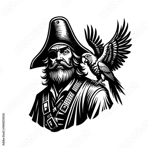 A pirate with a parrot perched on his shoulder, wearing a tricorn hat and an eyepatch illustration