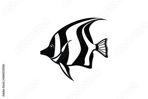 Black and white illustration of a Moorish idol fish on a white background silhouette