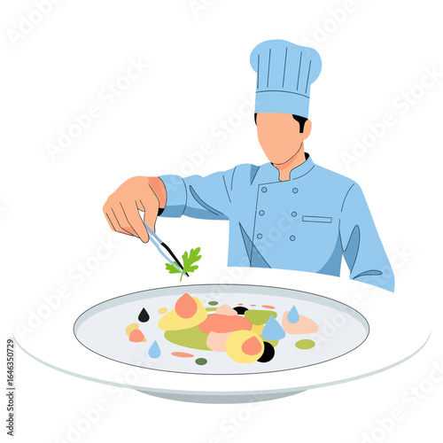 Chef adds final garnish to gourmet salad with precision, perfect for culinary blog or restaurant menu design, showcasing culinary arts and creative food presentation, modern dining