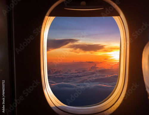 Sunset View from Airplane Window with Golden Sky