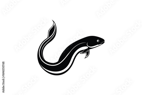 Black and white illustration of an eel or fish with flowing tail on white background silhouette