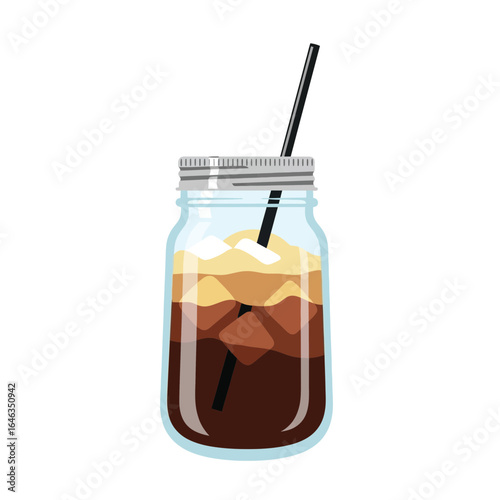 Iced coffee in a mason jar with a straw for a refreshing summer treat, perfect for cafes, menus, or a cool caffeine pick-me-up, originally a scalable graphic