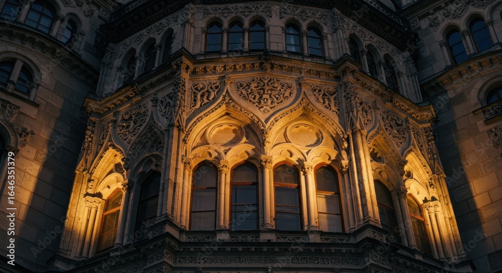 Fototapeta premium Ornate building facade illuminated by golden light