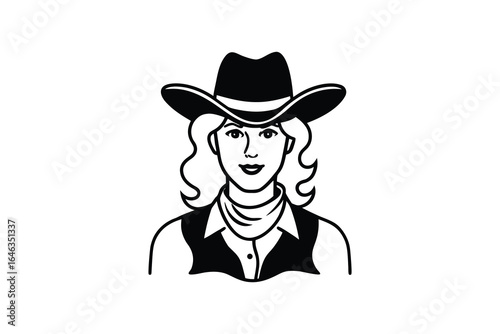Black and white illustration of a woman wearing a cowboy hat and western attire silhouette