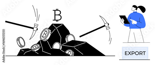 Mining tools extracting cryptocurrency coins, person using tablet for export operations. Ideal for blockchain, cryptocurrency, finance, technology, digital economy, data management, simple landing