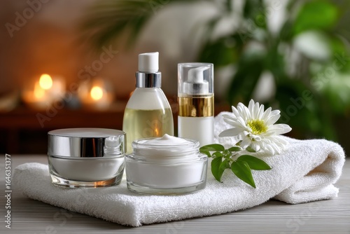 Luxurious spa composition featuring assortment of cosmetic products arranged on soft towel with blurred candle lights creating a serene and elegant ambiance for wellbeing and care.