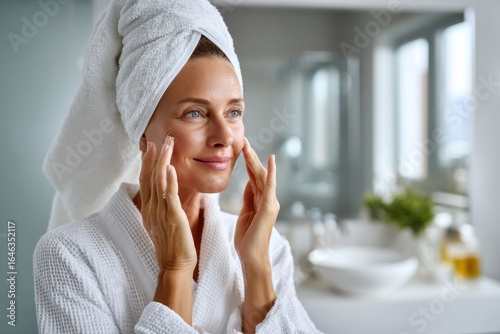 Beautiful mature woman applying facial cream in bathroom, enjoying her beauty treatment, wellness and skincare routine with healthy lifestyle, taking care of her aging skin.