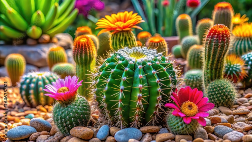 Fototapeta premium A succulent cactus plant with vibrant green leaves and vibrant flowers growing in a lush garden surrounded by rocks and soil, desert plant, botanical