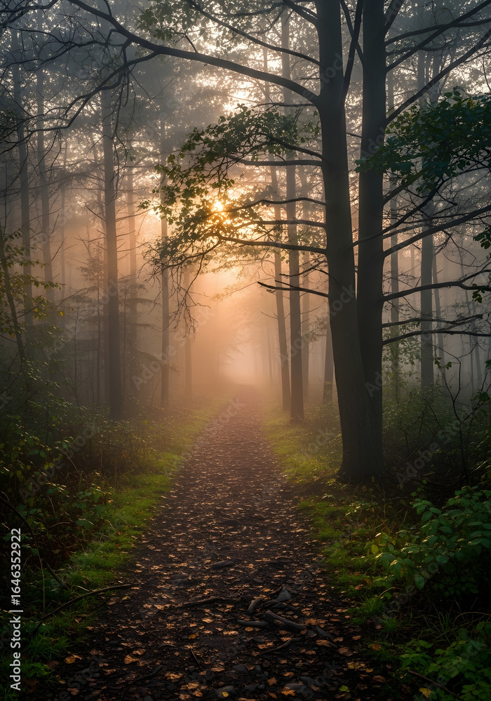 Fototapeta premium Misty Forest Path Sunlight Through the Trees