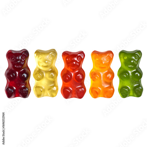 A variety of colorful gummy bears (Haribo), isolated on a white background, representing German culture and sweets. --v 7