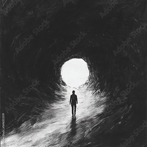 Person silhouette walks towards a bright light at the end of a dark tunnel. A symbolic representation of hope and journey.