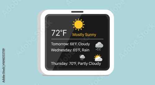 Weather forecast app display on smartwatch, sunny and cloudy conditions, modern design, blue background