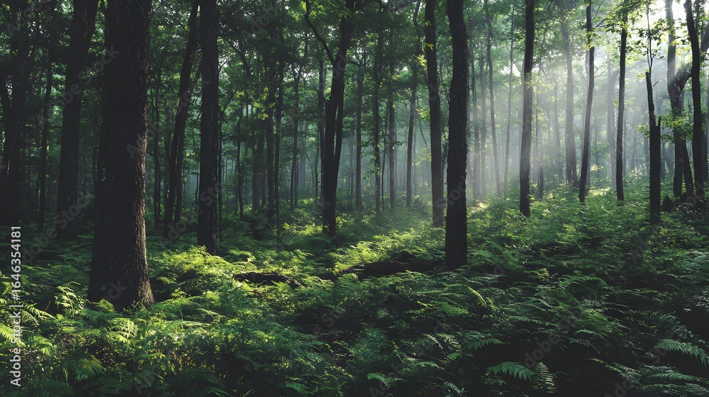 Obraz premium Sunlight streams through a lush forest floor.