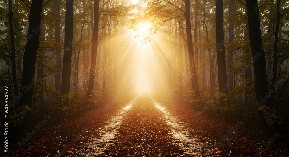 Fototapeta premium A radiant light illuminating a path through an enchanting autumn forest.