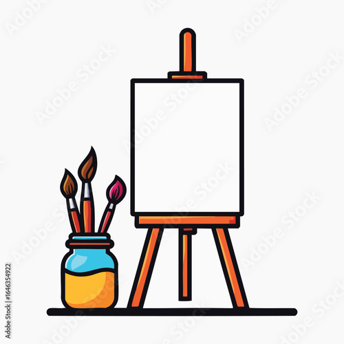 Art Easel with Paint Brushes and Blank Canvas.
