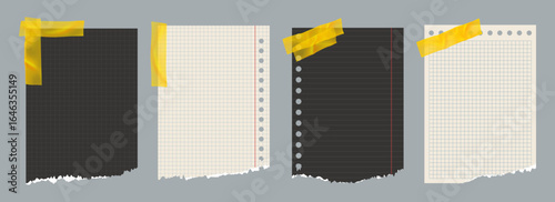 Copybook Notebook Notepad Torn Paper with Washi Tape Strip Grid Lined Squared Plan Page Ripped Paper Vector Set