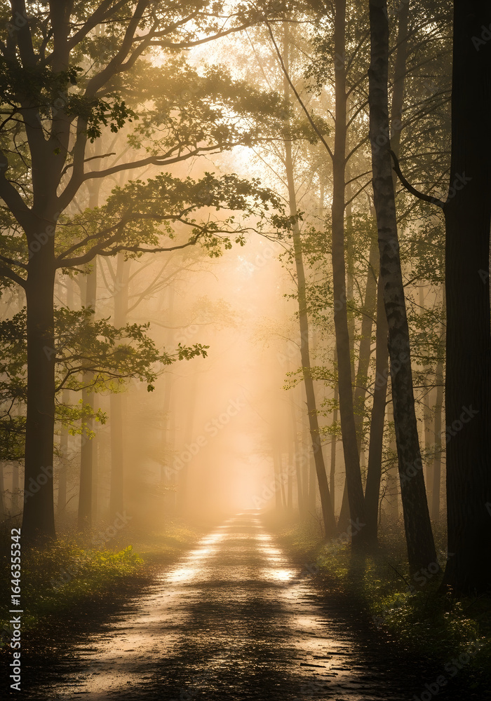 Fototapeta premium Misty Road Through an Enchanting Forest