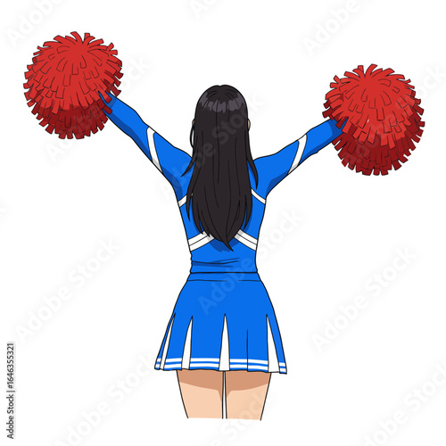 A cheerleader in a blue uniform with red pom-poms raised in a triumphant gesture.