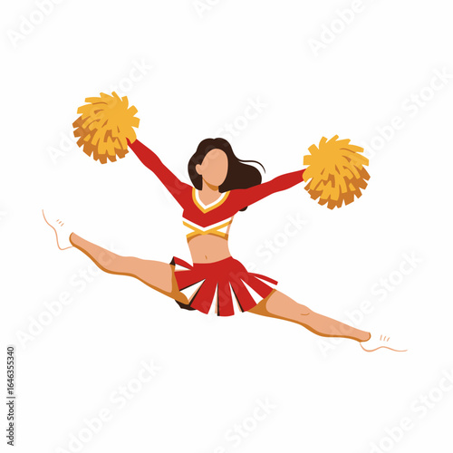 Cheerleader in Action Dynamic Split Leap with Pom-poms