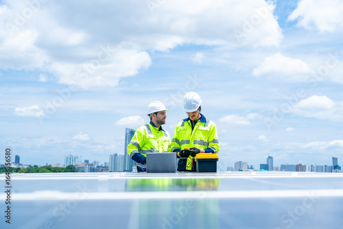 Solar cell, electricity alternative renewable clean energy for environmental conservation, sustainability technology. Male engineer maintaining solar panel system on construction site building rooftop