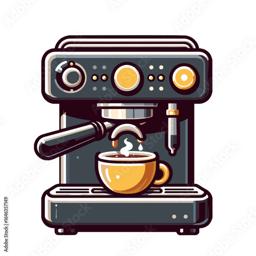 Espresso machine preparing coffee with steam rising from cup  