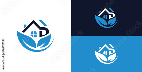 Greenhouse logo letter D, home care, simple linear house logo concept with leaves