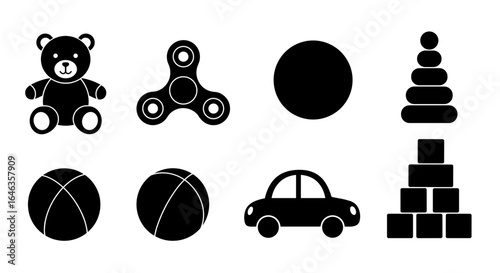 Toy silhouette icons including teddy bear, ball, and car  