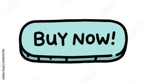 Cartoon buy now button in blue color with black outline  