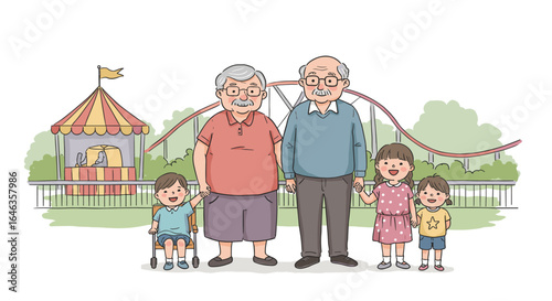 Grandparents with grandchildren smiling together at amusement park
